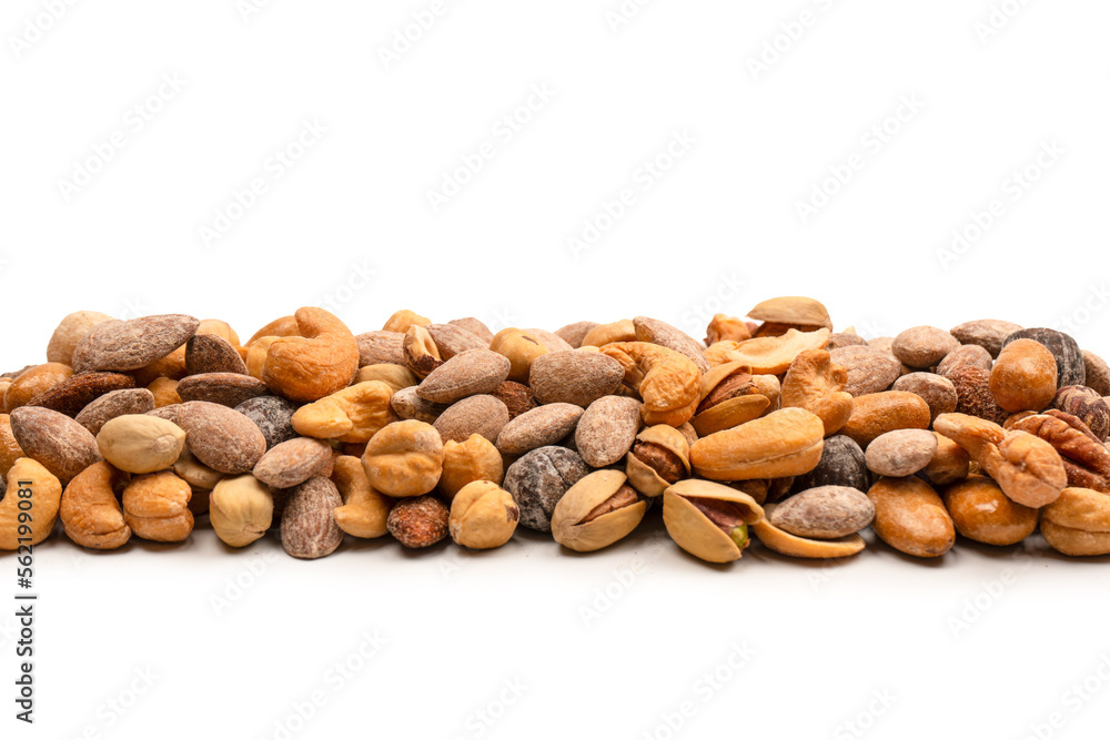 A group of almonds, pistachios, walnuts, macadamia, cashews. A group of almonds, pistachios, walnuts, macadamia, cashews.