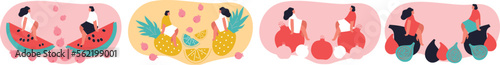 Vector illustration with young tiny woman holding huge berries and fruits. Berries lover concept. Funny colored typography poster, apparel print design, bar menu decoration. Isolated. EPS 10.