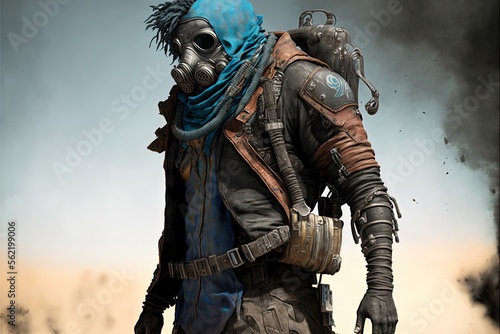 Man with and gas mask and blue hair, post apocalypse survivor. AI digital illustration