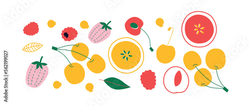 Fototapeta Naklejka Na Ścianę i Meble -  Vector Organic fruits template. Set of juicy fruits in cartoon style . Healthy lifestyle, vegetarianism