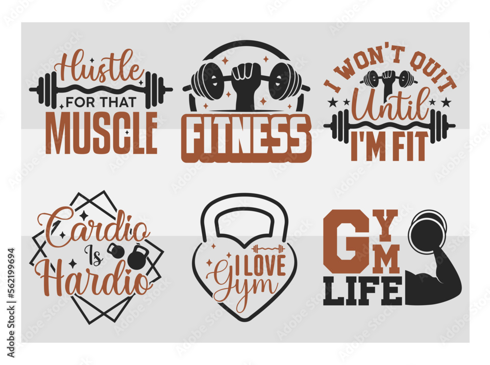 Obraz premium Fitness, I Won't Quit Until I'm Fit, Cardio Is Hardio, Gym Life, Hustle For That Muscle, I Love Gym, SVG, Gym Quotes, Gym Bundle design