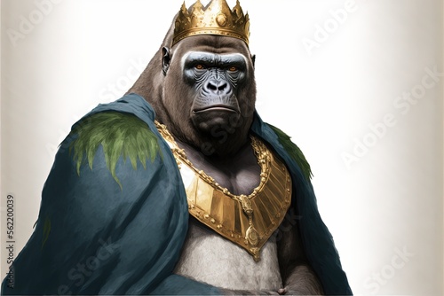 Gorilla painting with king crown and cape, white background. Generative AI