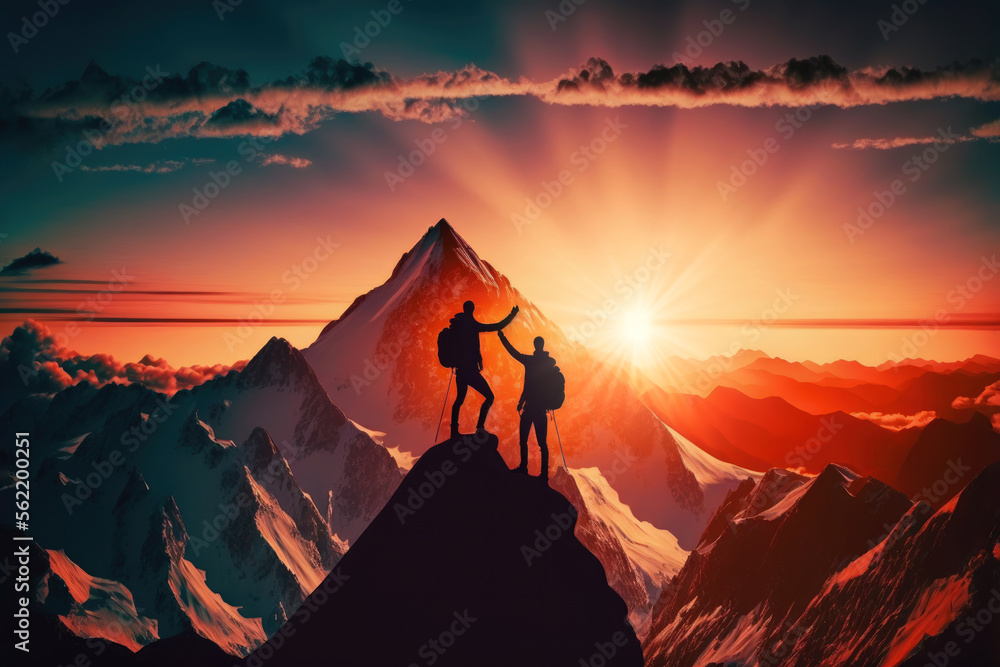two person on top of mountain peak. goal, success and teamwork concepts. generative ai