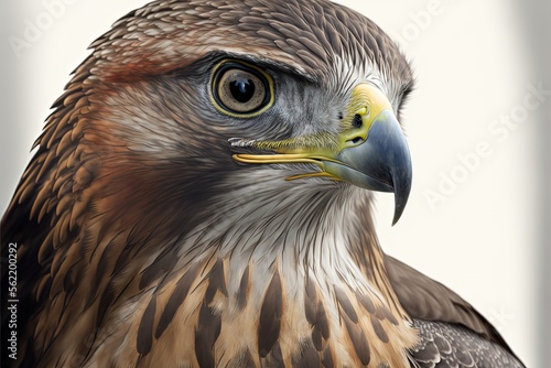 Hawk face with imposing look, white background. AI digital illustration
