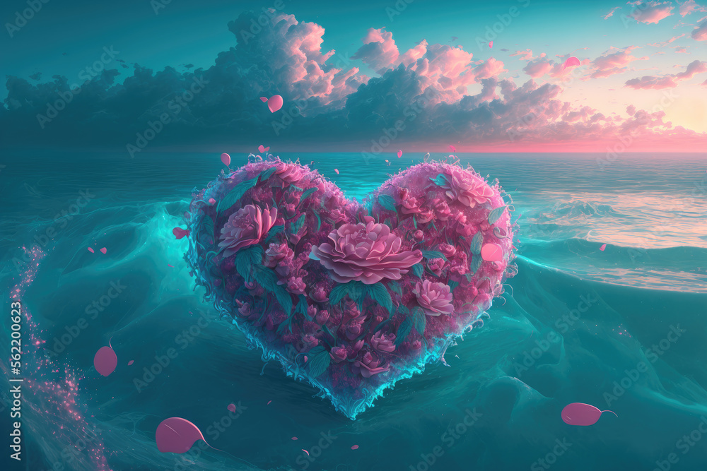 Abstract beautiful Valentine's Day heart made of pink flowers on the background of clouds and the sea. 3D Illustration