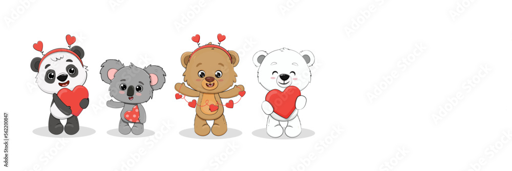 Obraz premium Cute cartoon polar bear cub,panda,koala,teddy bear with a hearts for your disign. Valentine's day card. Vector illustration