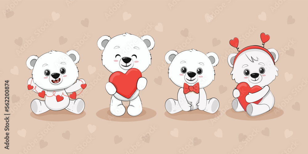 Cute cartoon polar bear cub with a heart for your disign. Valentine's day card. Vector illustration