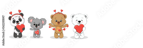 Cute cartoon polar bear cub,panda,koala,teddy bear with a hearts for your disign. Valentine's day card. Vector illustration