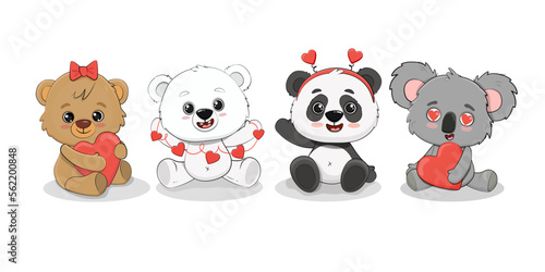 Cute cartoon polar bear cub,panda,koala,teddy bear with a hearts for your disign. Valentine's day card. Vector illustration