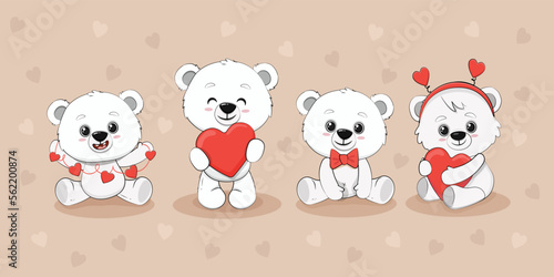 Cute cartoon polar bear cub with a heart for your disign. Valentine's day card. Vector illustration