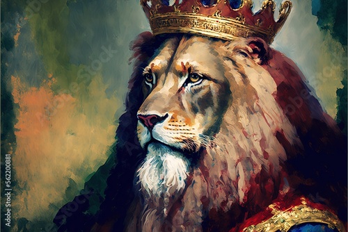 Lion painting with king's crown and cape. AI digital illustration photo