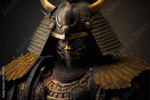 Gloomy samurai warrior in golden armor.  Generative AI photo