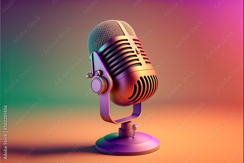 Studio microphone, podcast, gradient background. Digital