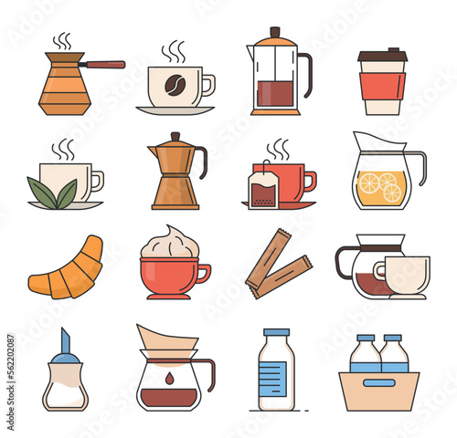 Drink color icon set - hot cup, coffee to go, green tea, croissant, french press, turkish, kettle, drinks