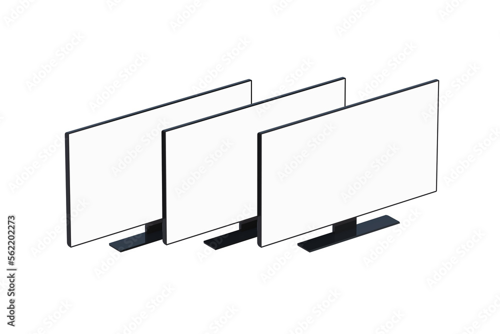 three-flat-wide-tv-with-white-screen-isolated-on-white-background-4k
