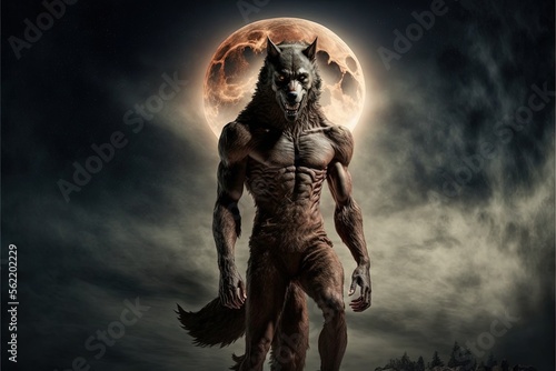 Werewolf with frightening look, moon in the background. Digital illustration.Generative AI photo