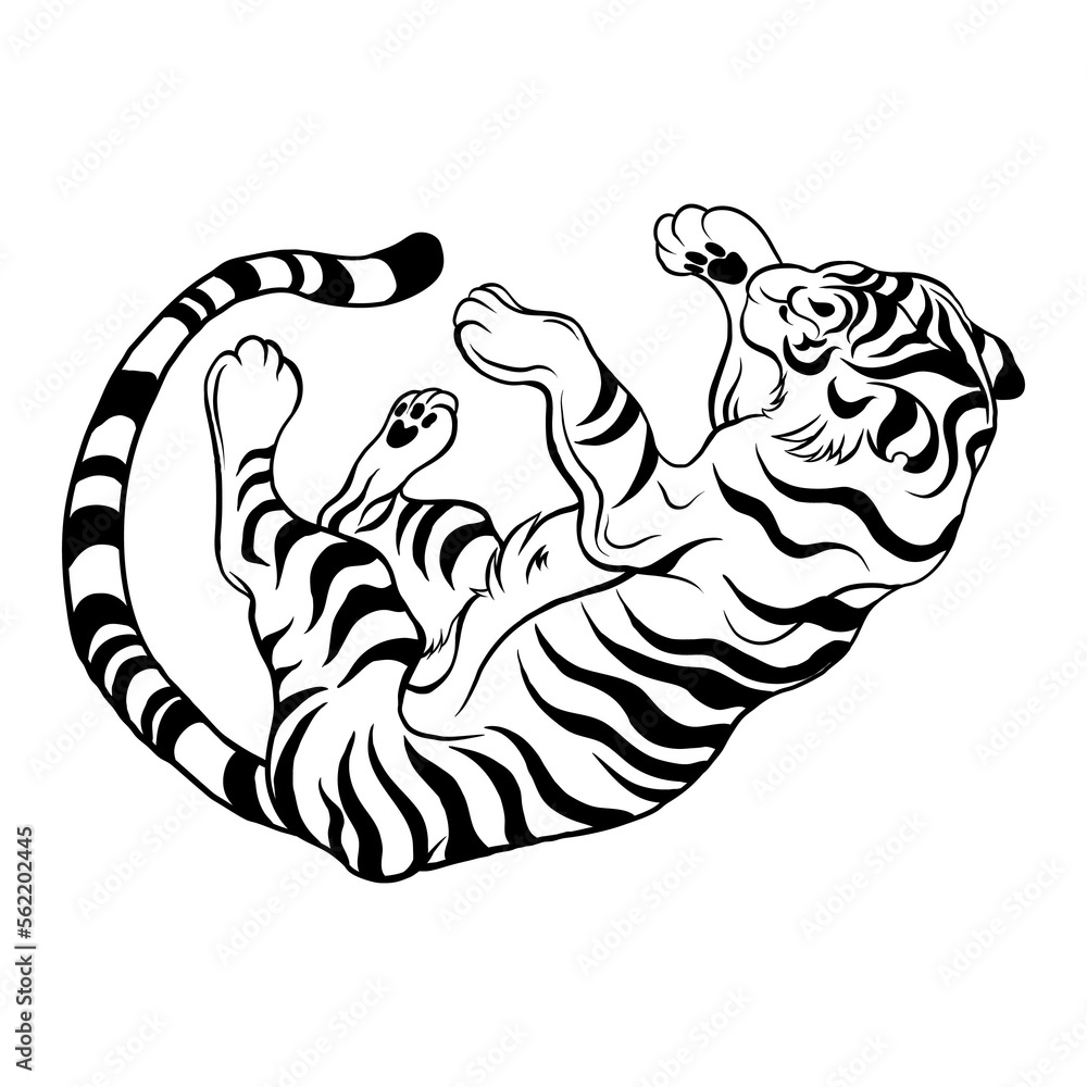 Black and white vector tiger. Tiger in motion.