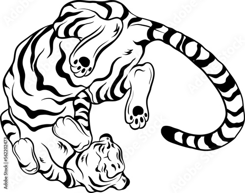 Black and white vector tiger. Tiger in motion.