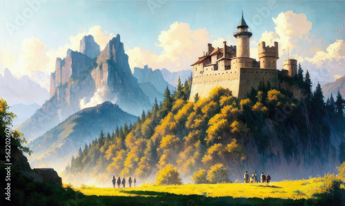 medieval castle located on a hill or mountain - Generative AI