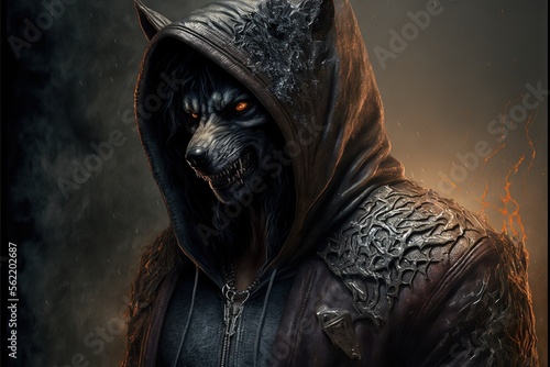 Werewolf with leather jacket  frightening look. Digital illustration. Generative AI