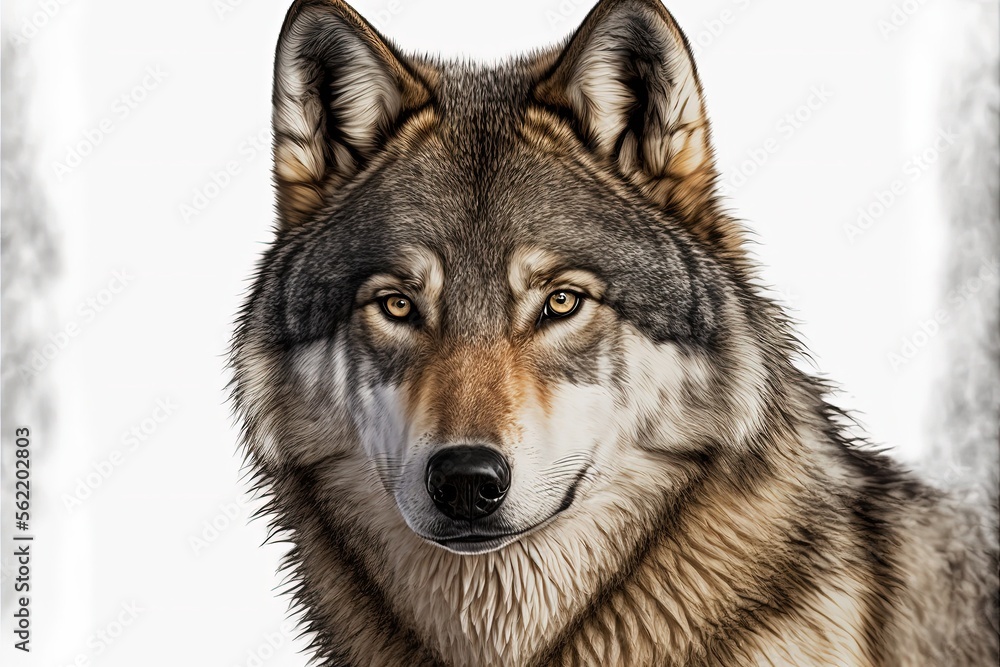 Wolf with intimidating look, wolf face with white background. Generative AI