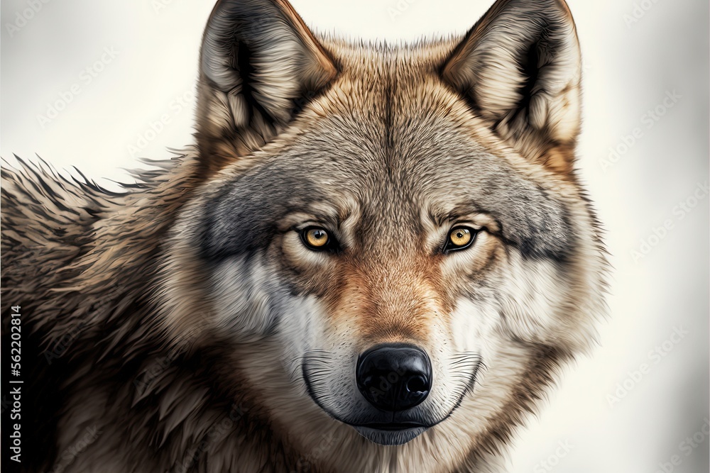 Fototapeta premium Illustration of a wolf's face, white background. Generative AI