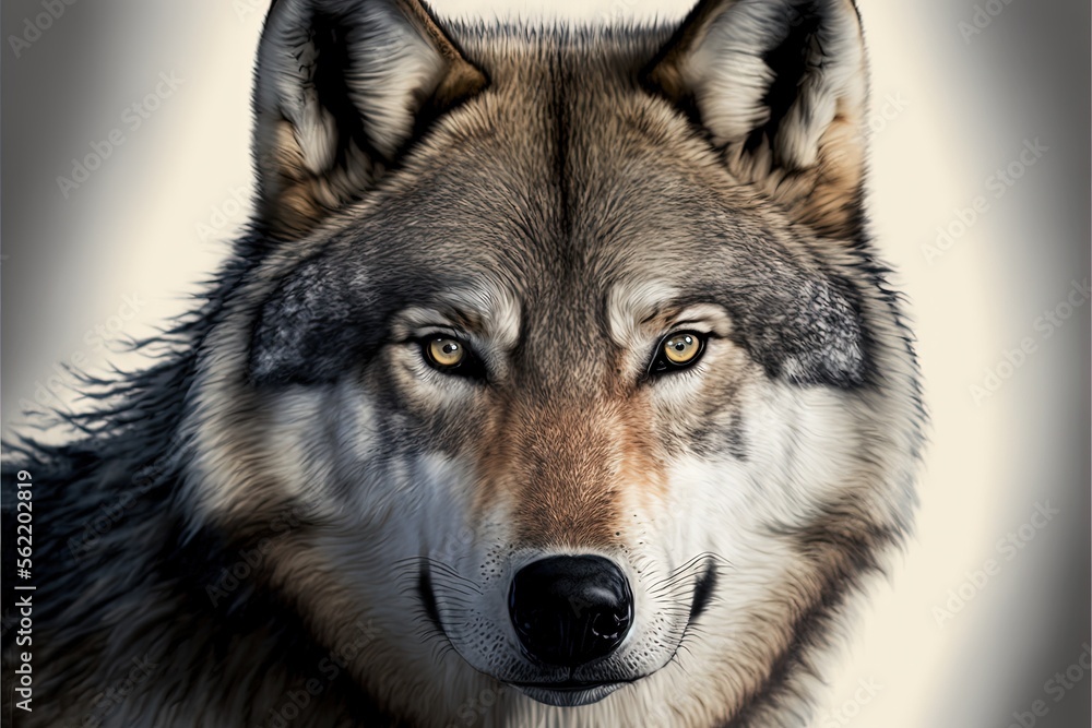 Illustration of a wolf's face, white background. Generative AI
