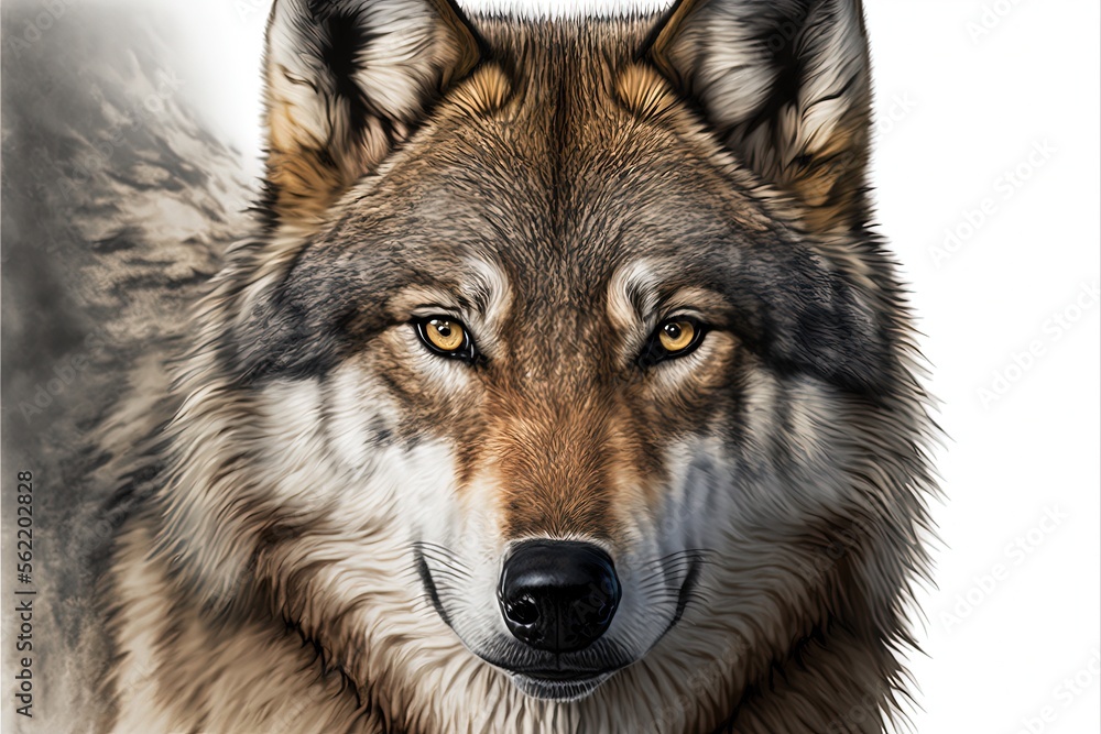 Fototapeta premium Illustration of a wolf's face, white background. Generative AI