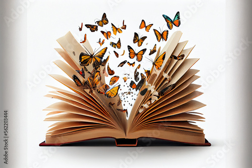 Buch aus dem Schmetterlinge heraus fliegen, Generative KI photo