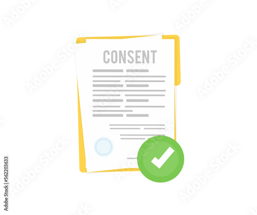 Approved document. Consent. Green check mark on paper page logo design. Successful check of a resume, review or test. Approved contract, agreement. Checklist concept vector design and illustration.

