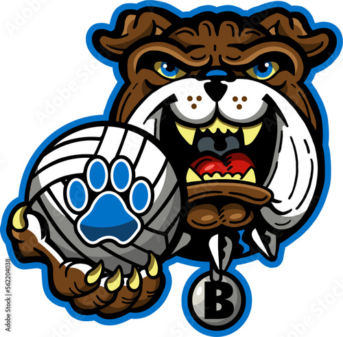 cartoon bulldog mascot holding volleyball for school, college or league sports