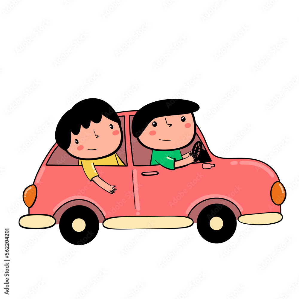 Young man and woman having fun driving their car on a road trip.