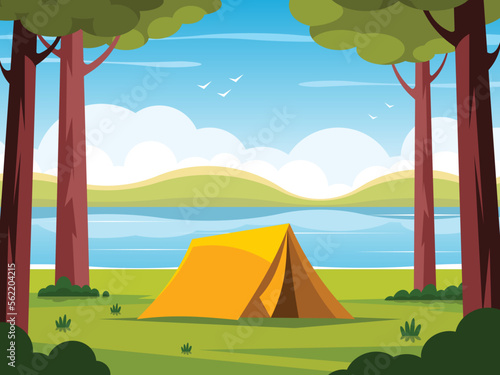Tent standing on the lawn near the river. Summer landscape with trees and blue lake view and camping . Summer camp on lake shore. Vector graphics