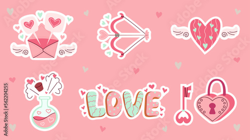 Love set. Cute stickers romantic elements. Doodle in cartoon style. Valentines day. Vector illustration.