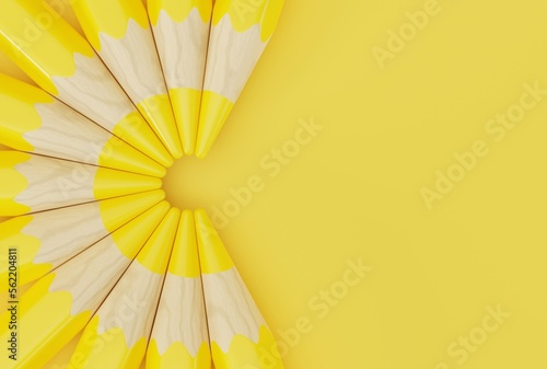 Yellow crayons arranged in a semicircle. Business concept, standing out in the crowd, social issues. Close up of crayons. 3D render, 3D illustration.