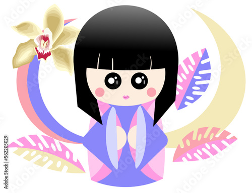 Japanese kokeshi doll on the background of an orchid flower and leaves. Vector illustration, isolated on white background