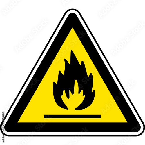 Black and yellow vector graphic of a fire hazard sign. It consists of a black flame in a black triangle , with a yellow background