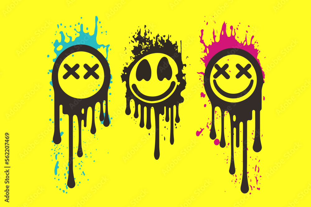 Set of black graffiti spray emojis. Grunge melting smiling faces. Paint