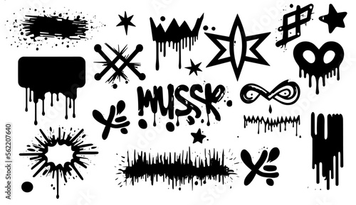 Grunge vector collection of symbols  crown  sun  star  face  frame. Set of black graffiti spray icons. Spray strokes elements on white background for banner  decoration  street art and ads.
