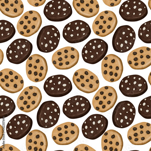 Seamless pattern of watercolor cookies with chocolate chips, illustration on white background