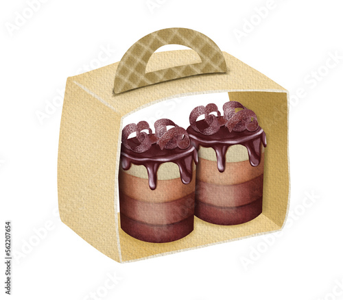 Watercolor aesthetic chocolate desserts in packaging box, baking clipart, isolated illustration