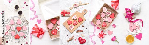 Collage with delicious heart-shaped cookies on light background. Valentine's Day celebration