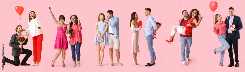 Set of happy young couples on pink background. Valentine's Day celebration Set of happy young couples on pink background. Valentine's Day celebration