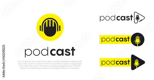 Set podcast logos and symbols, icons with studio microphone in black,white and yellow.Emblems for broadcast,news and radio streaming.Template for shows,live performances. Dj audio. Vector 10 eps.