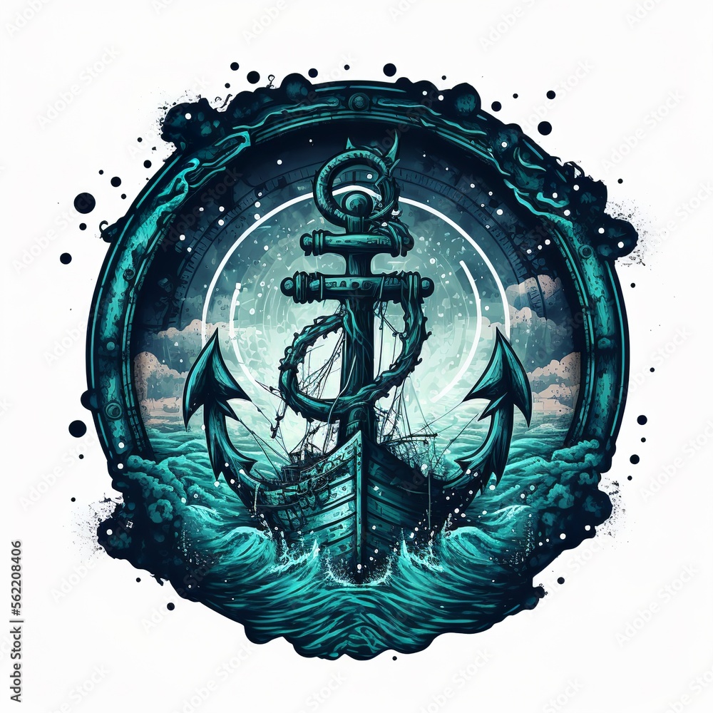 Nautical sailor deep sea logo with ship and anchor isolated design