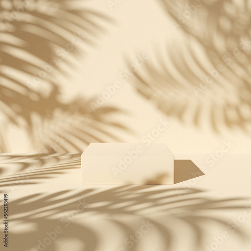 3d render of a beige background with a podium for product advertising with plant shadows