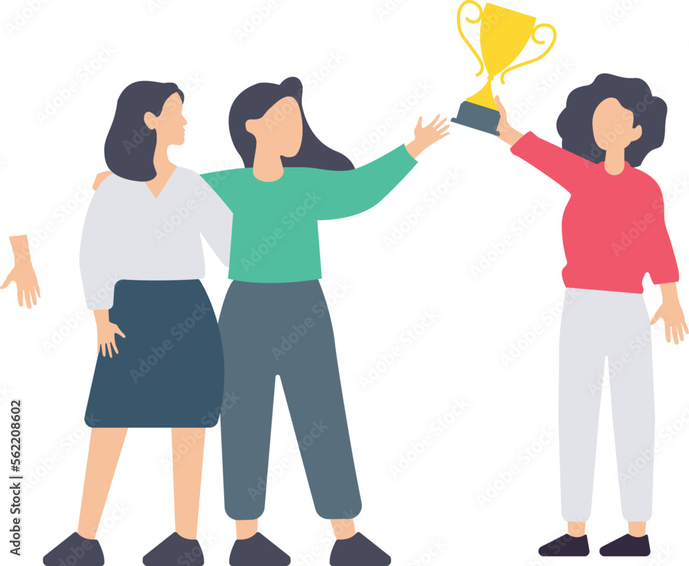 Successful business team illustration, Happy business people holding prize winner cup and celebrating achievement flat style illustration

