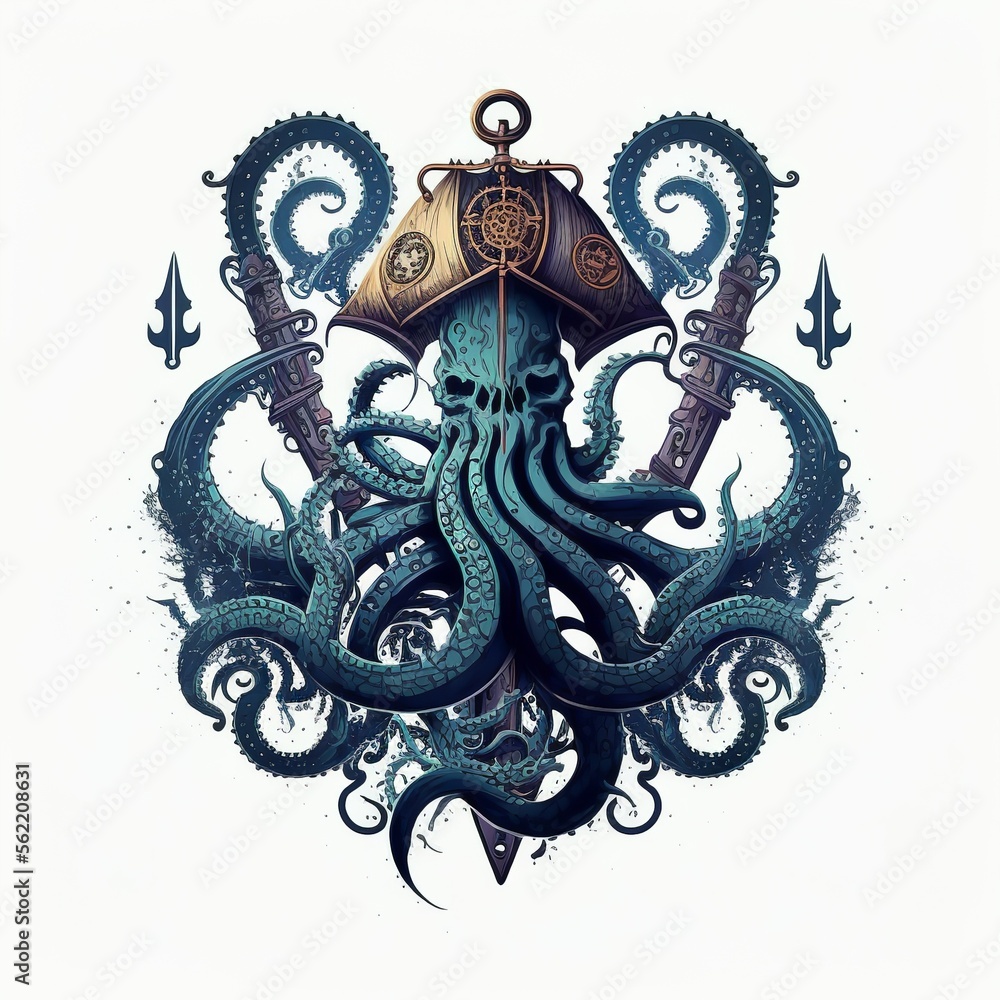 Nautical sailor deep sea giant octopus and tentacles logo with ship and ...