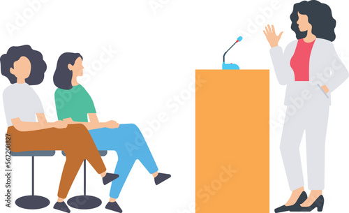 Confident speaker behind podium during stage speech. Smiling woman talking before the audience. Female leader at public speaking. Good presentation by a businesswoman flat vector illustration
