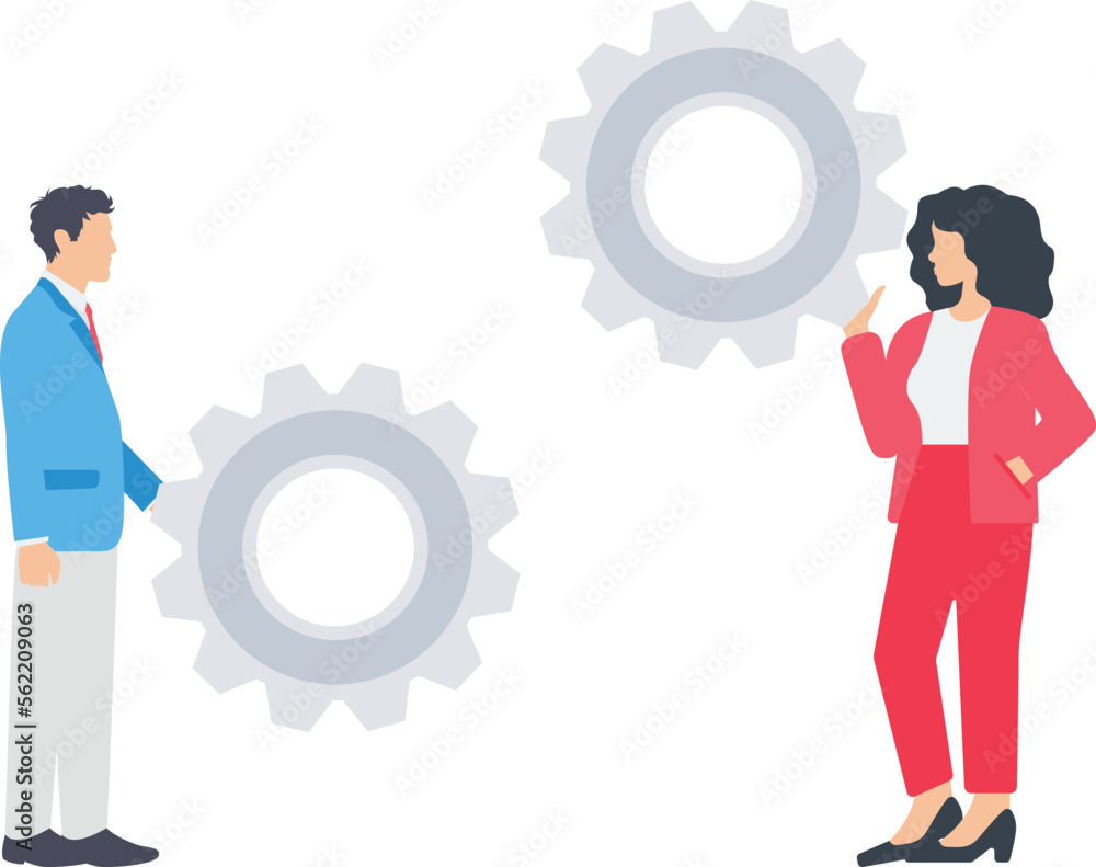 Woman and man holding gears and setting up workflow, partnership and cooperation flat illustration, Successful teamwork. Employees collaborating in workspace flat style
Woman and man holding gears and setting up workflow, partnership and cooperation flat illustration, Successful teamwork. Employees collaborating in workspace flat style